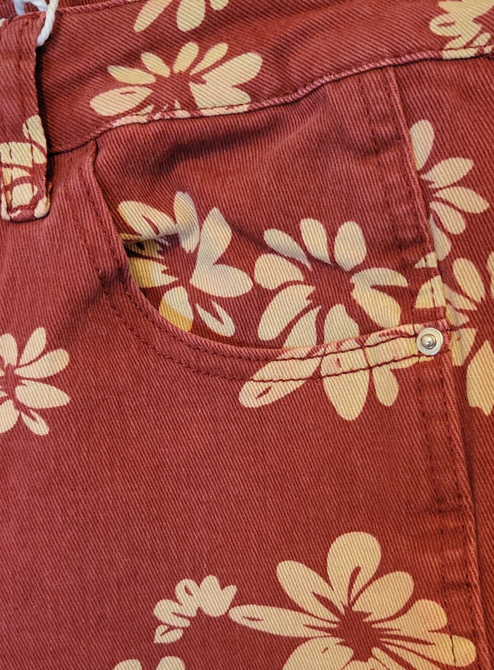 Loveimgs Floral Barrel Leg Jeans Size M Rust Orange Cream Daisy Print Cottagecor - Picture 5 of 9